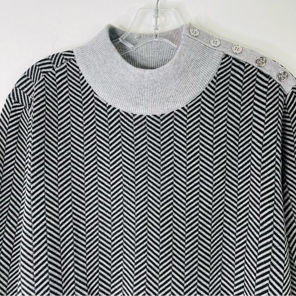 Calvin Klein grey black striped button pullover mock neck preppy sweater large - Picture 2 of 8
